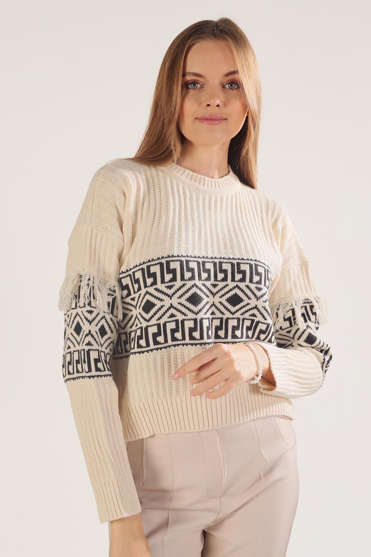 Ekru Kol Püskül Detay Desenli Kazak 3002 - 2