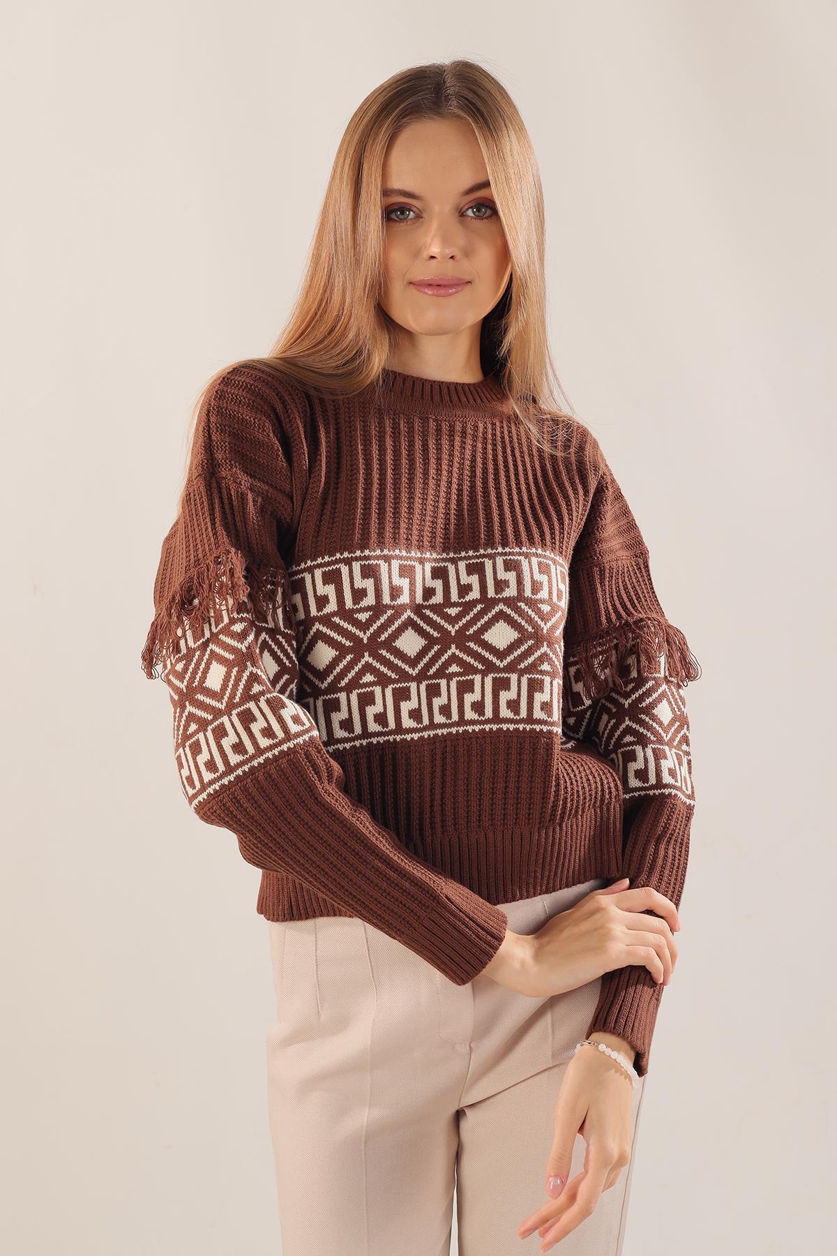 3002 Kol Püskül Detay Desenli Kazak Kahve - 2