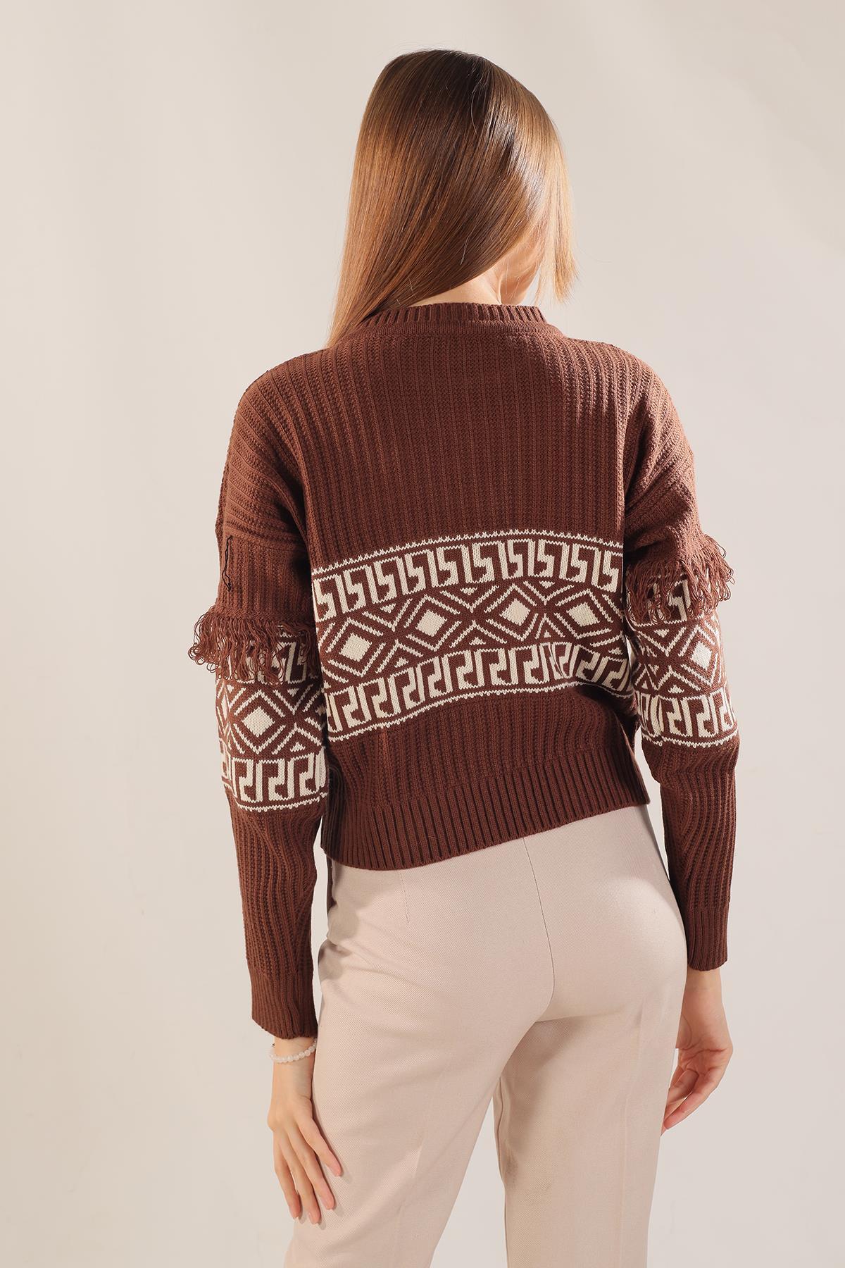 3002 Kol Püskül Detay Desenli Kazak Kahve - 3