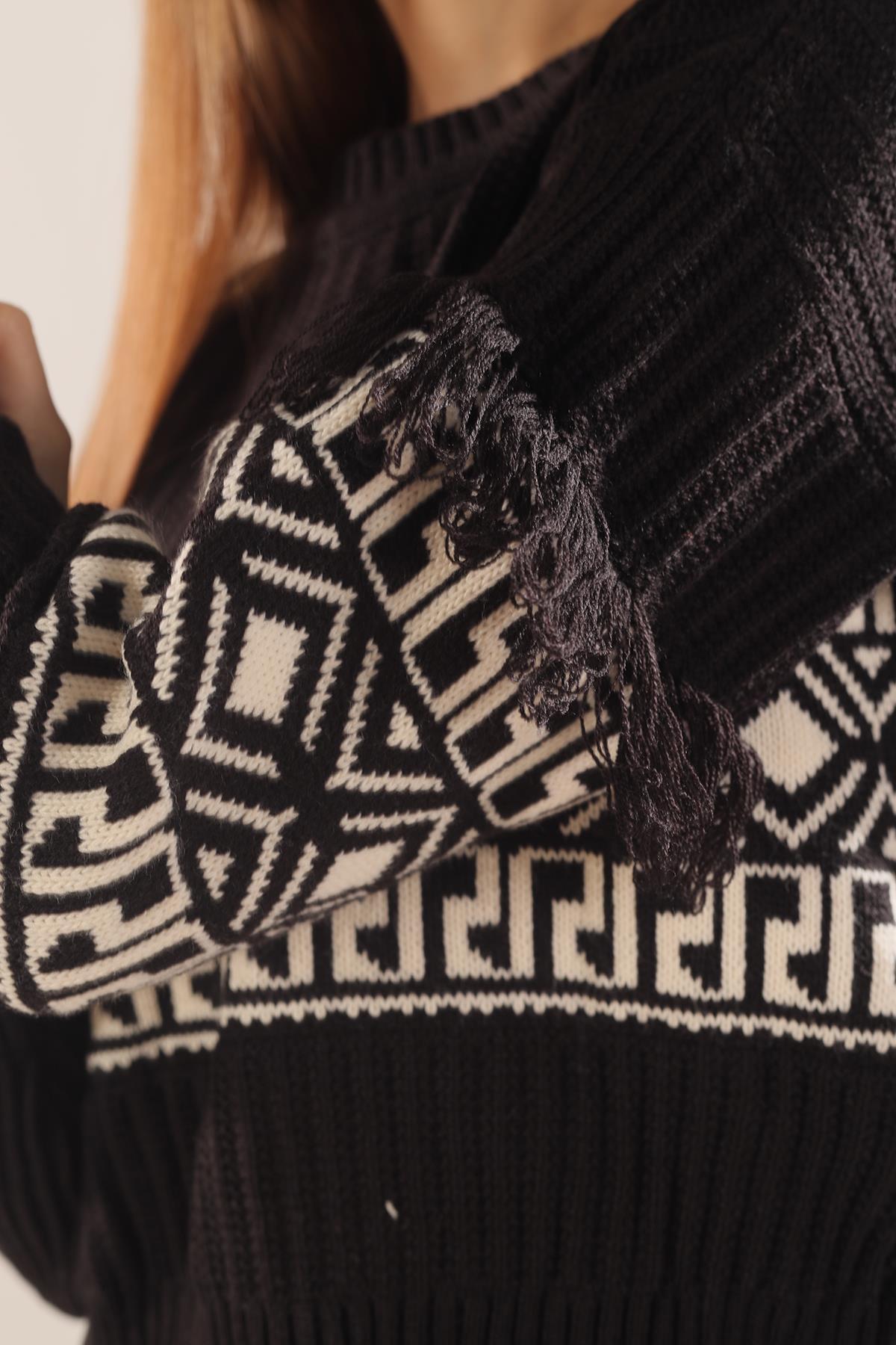 3002 Kol Püskül Detay Desenli Kazak Siyah - 4