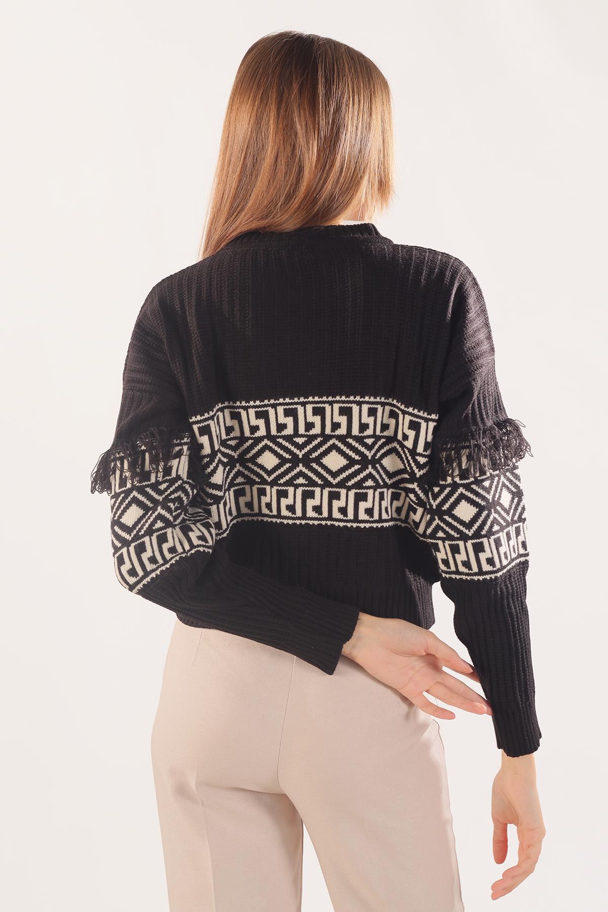 3002 Kol Püskül Detay Desenli Kazak Siyah - 5