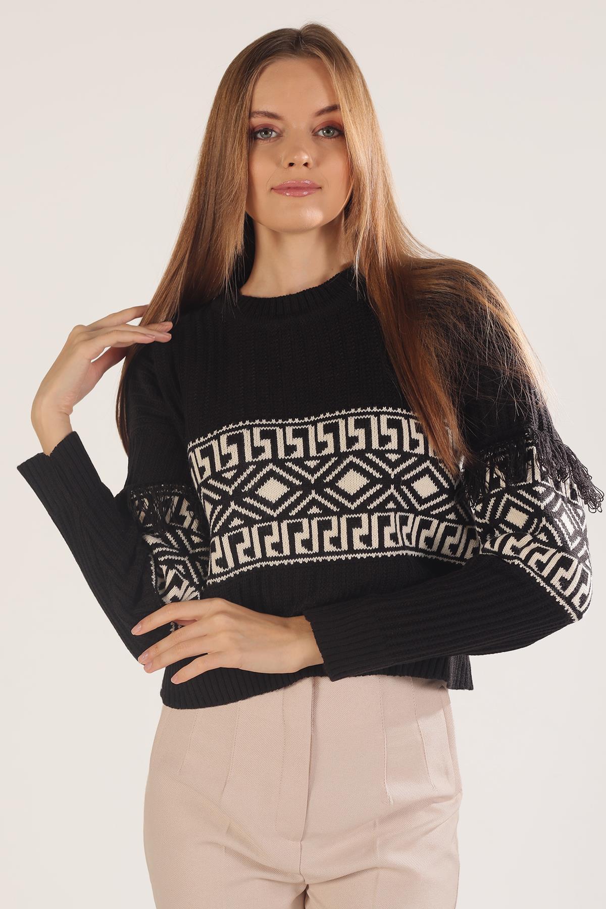 3002 Kol Püskül Detay Desenli Kazak Siyah - 2