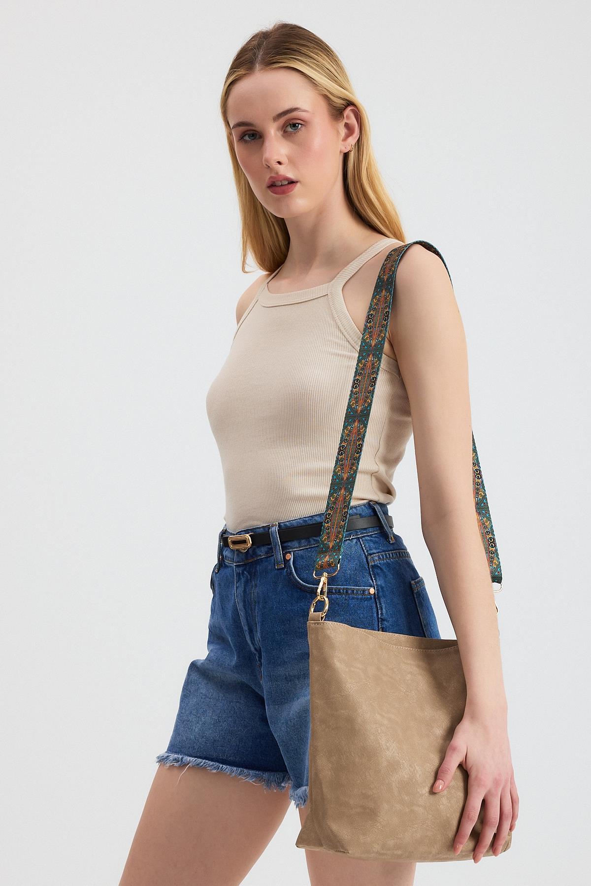 3002 Kordon Etnik Desen Omuz Çantası Vizon - 1