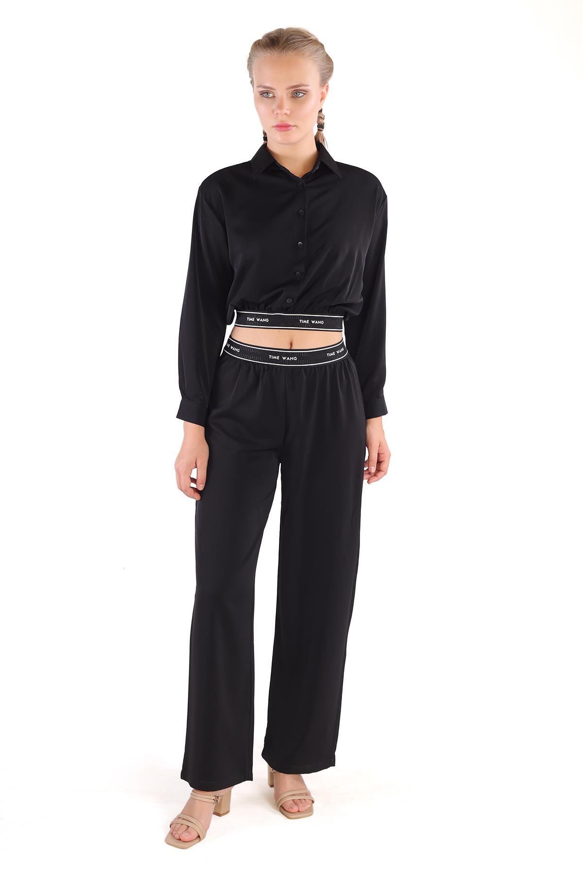 3002 Lastik Yazı Detay Pantolon Takım Siyah 