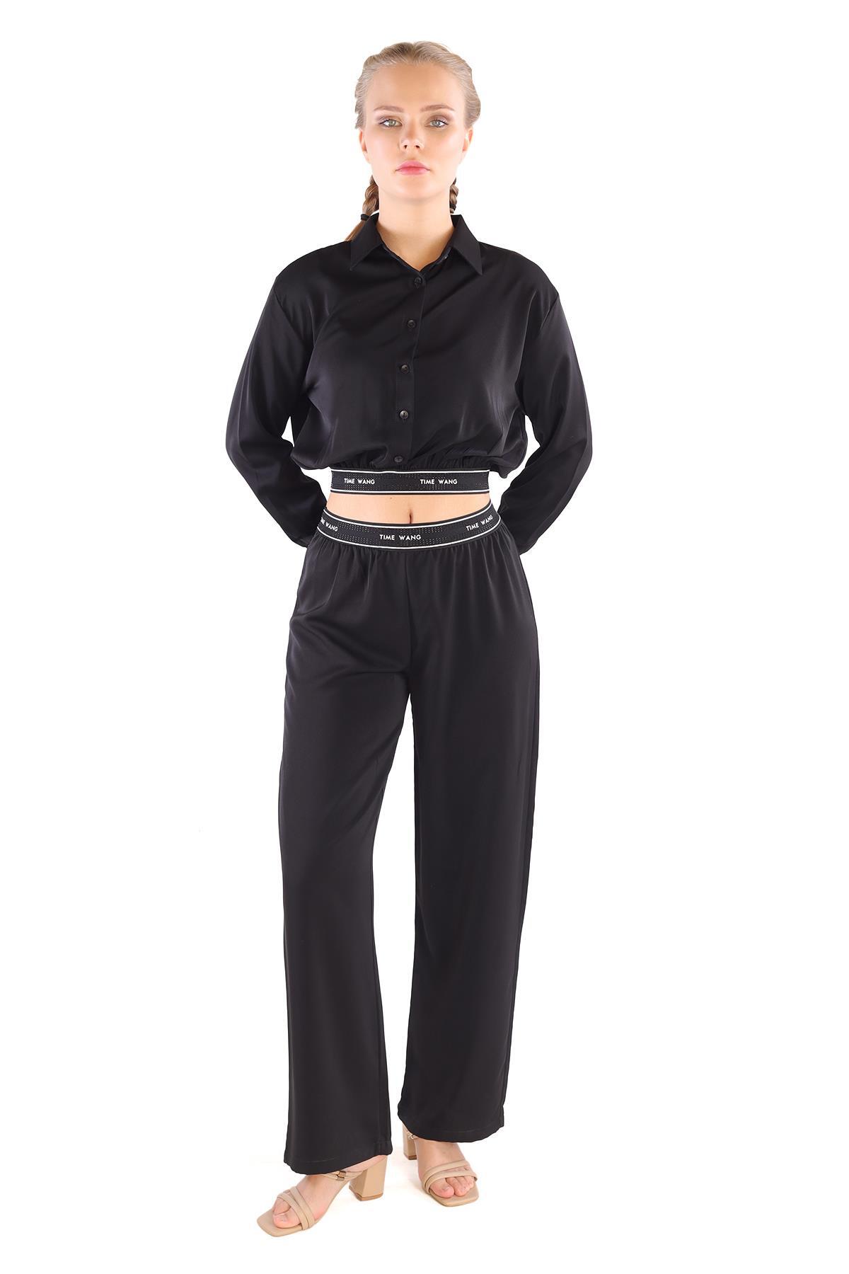 Siyah Lastik Yazı Detay Pantolon Takım 3002 - 2