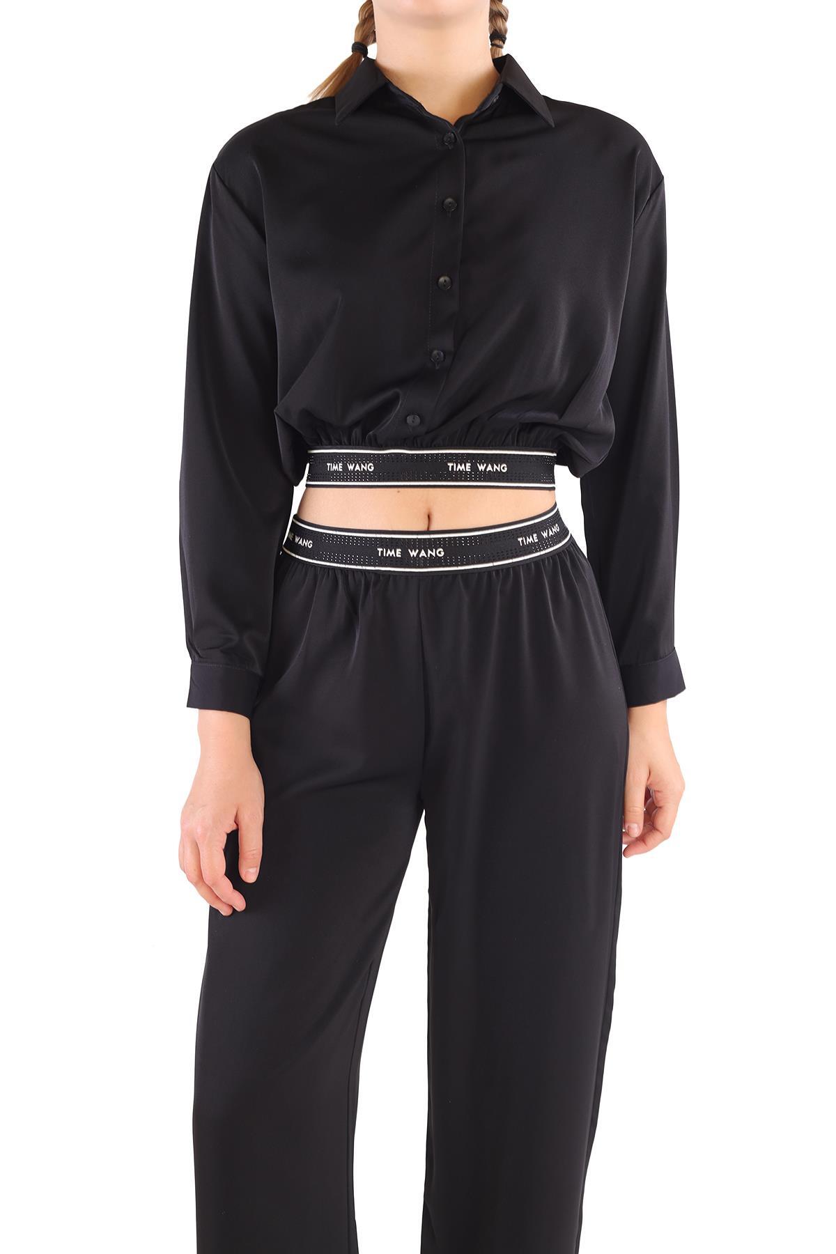 Siyah Lastik Yazı Detay Pantolon Takım 3002 - 3