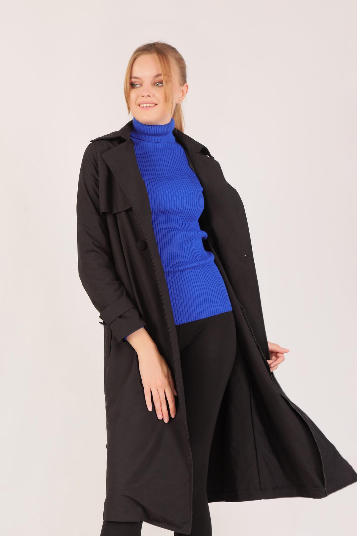 3004 Parça Detay Trençkot Siyah - 3