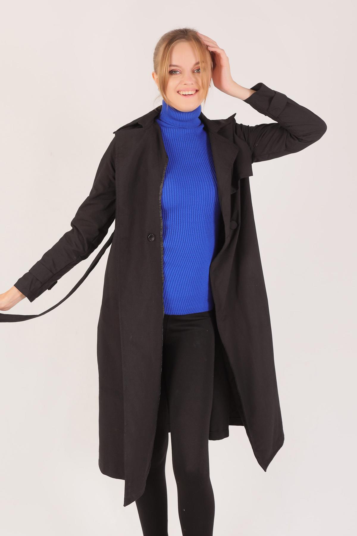 3004 Parça Detay Trençkot Siyah - 4