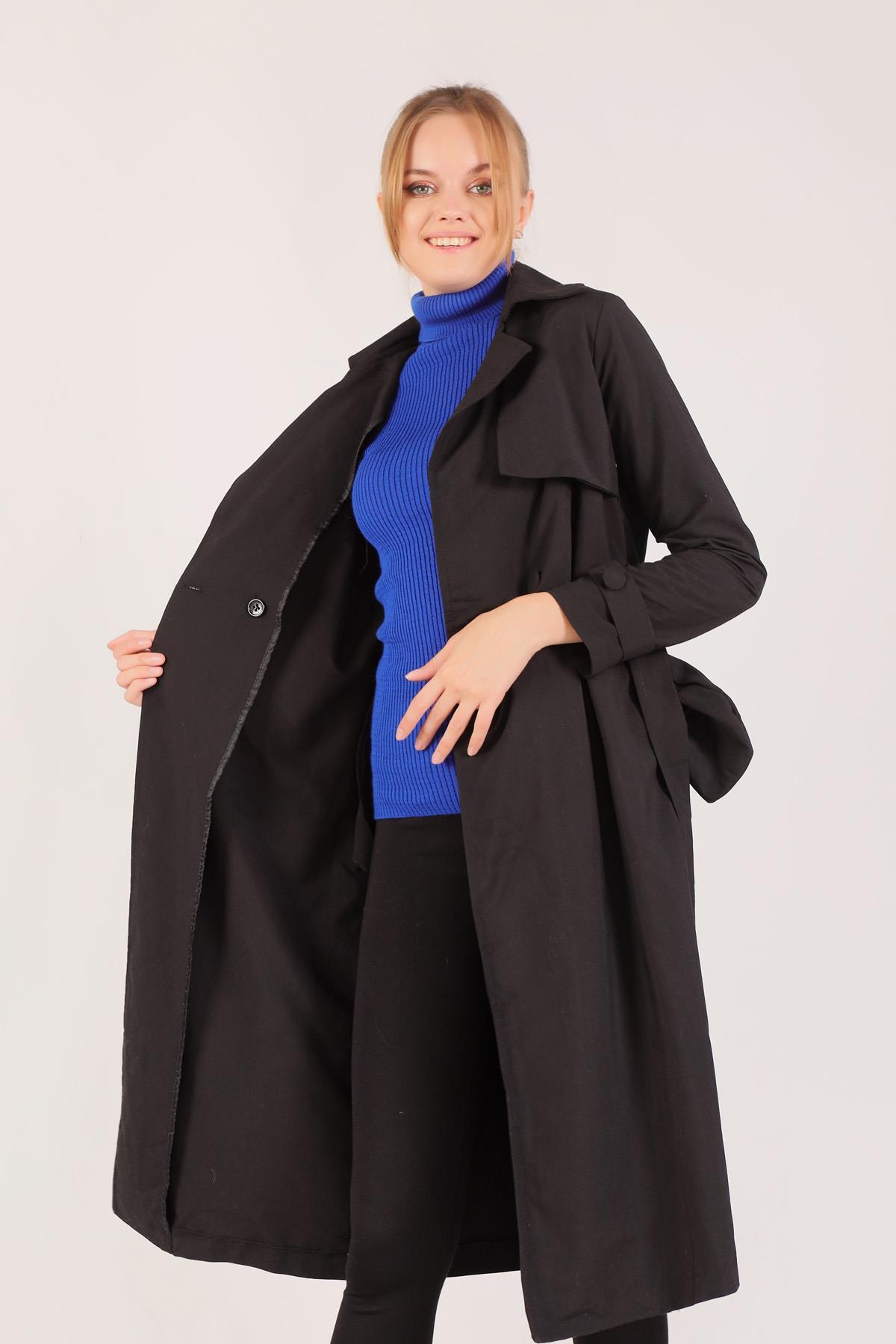 Siyah Parça Detay Trençkot 3004 - 2