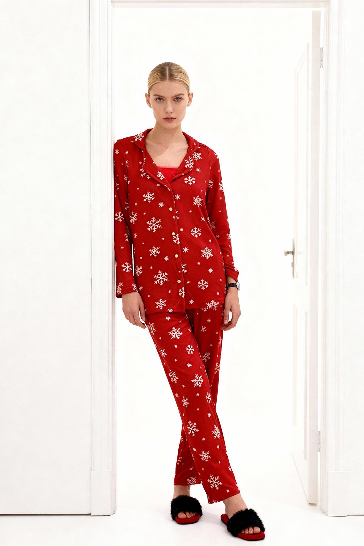 3005 Kar Desen Pijama Takım Kırmızı - 1