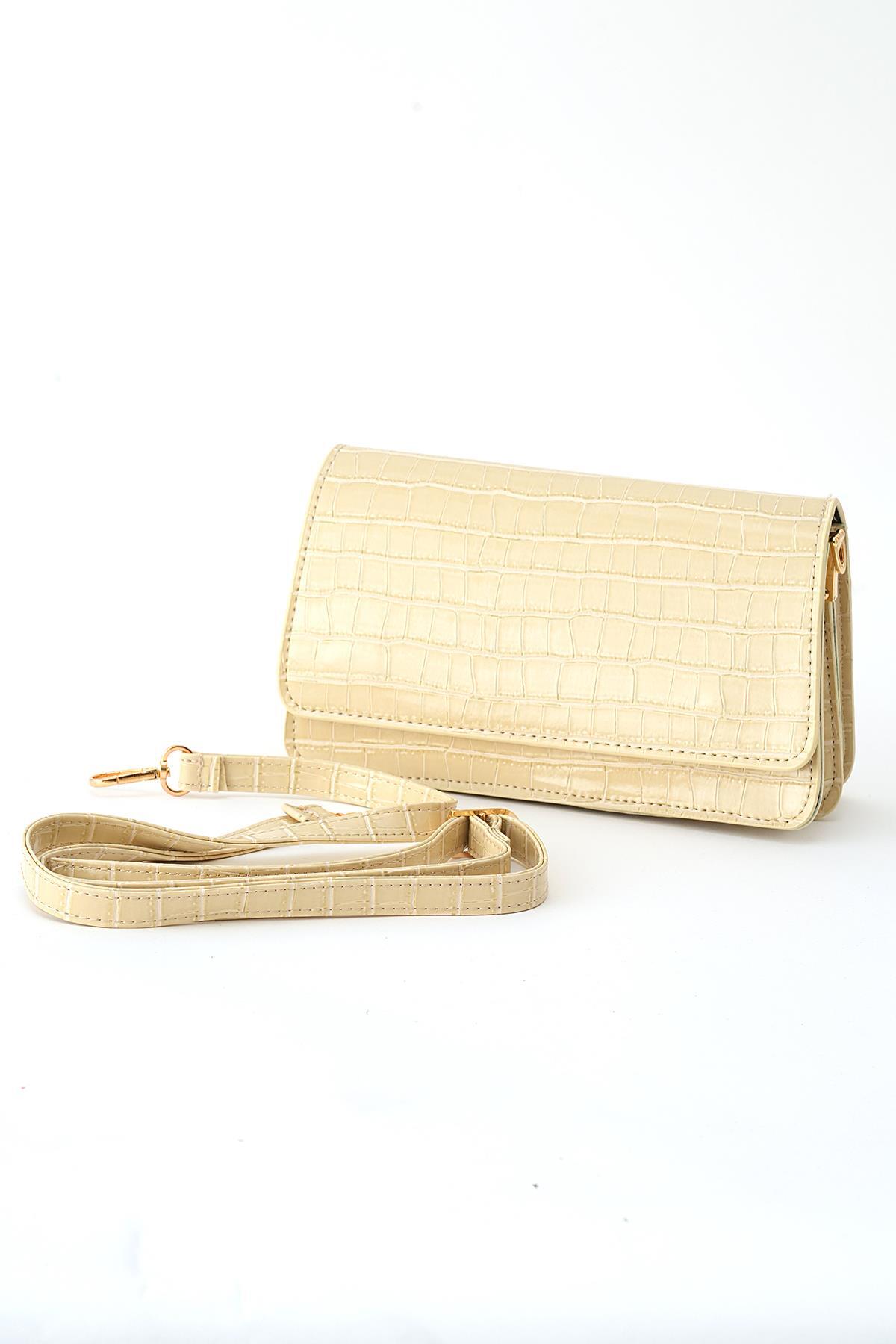 Krem Croko Kapak Detay Croco El Çantası 3006 - 3