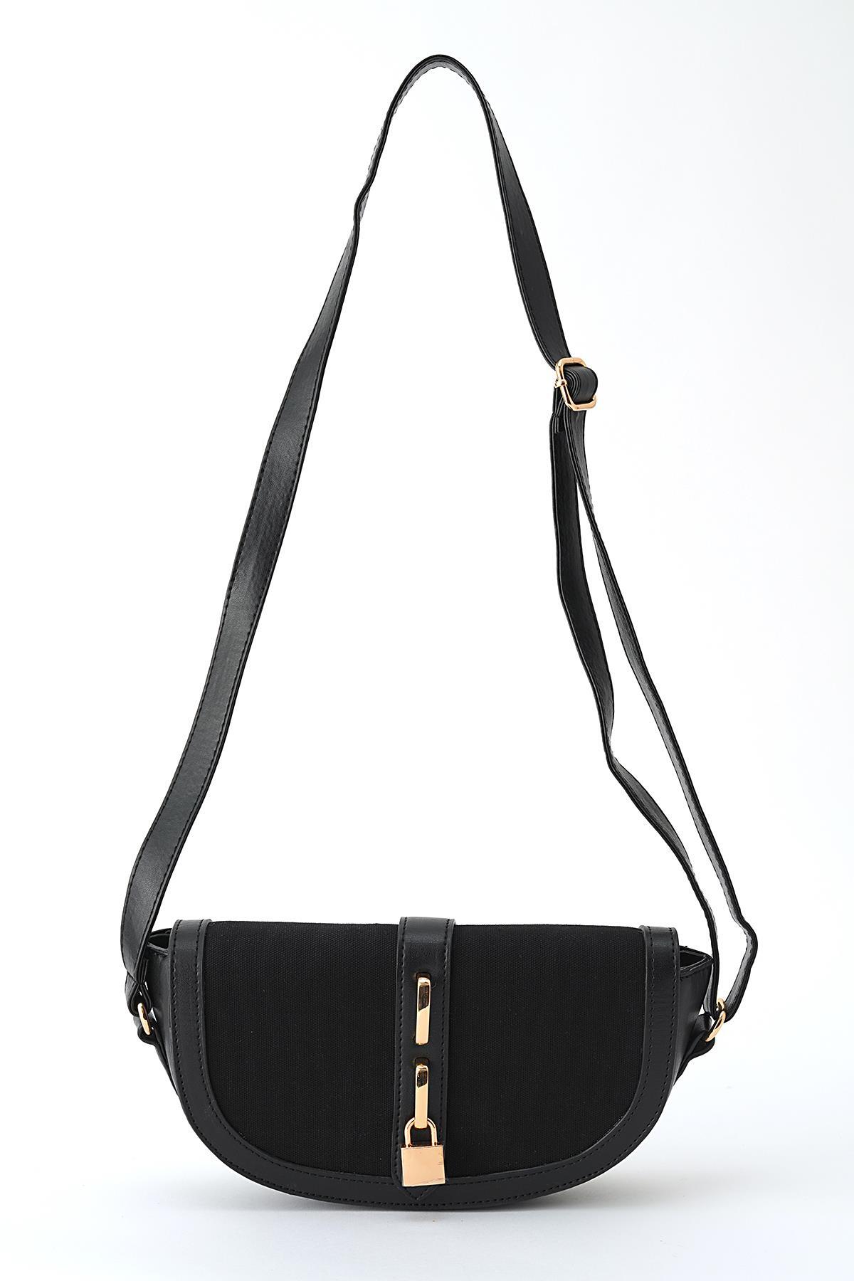 3007 Kilit Detay Omuz Çantası Siyah 