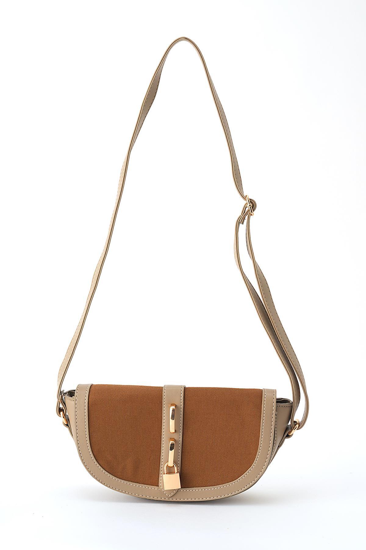 3007 Kilit Detay Omuz Çantası Vizon 