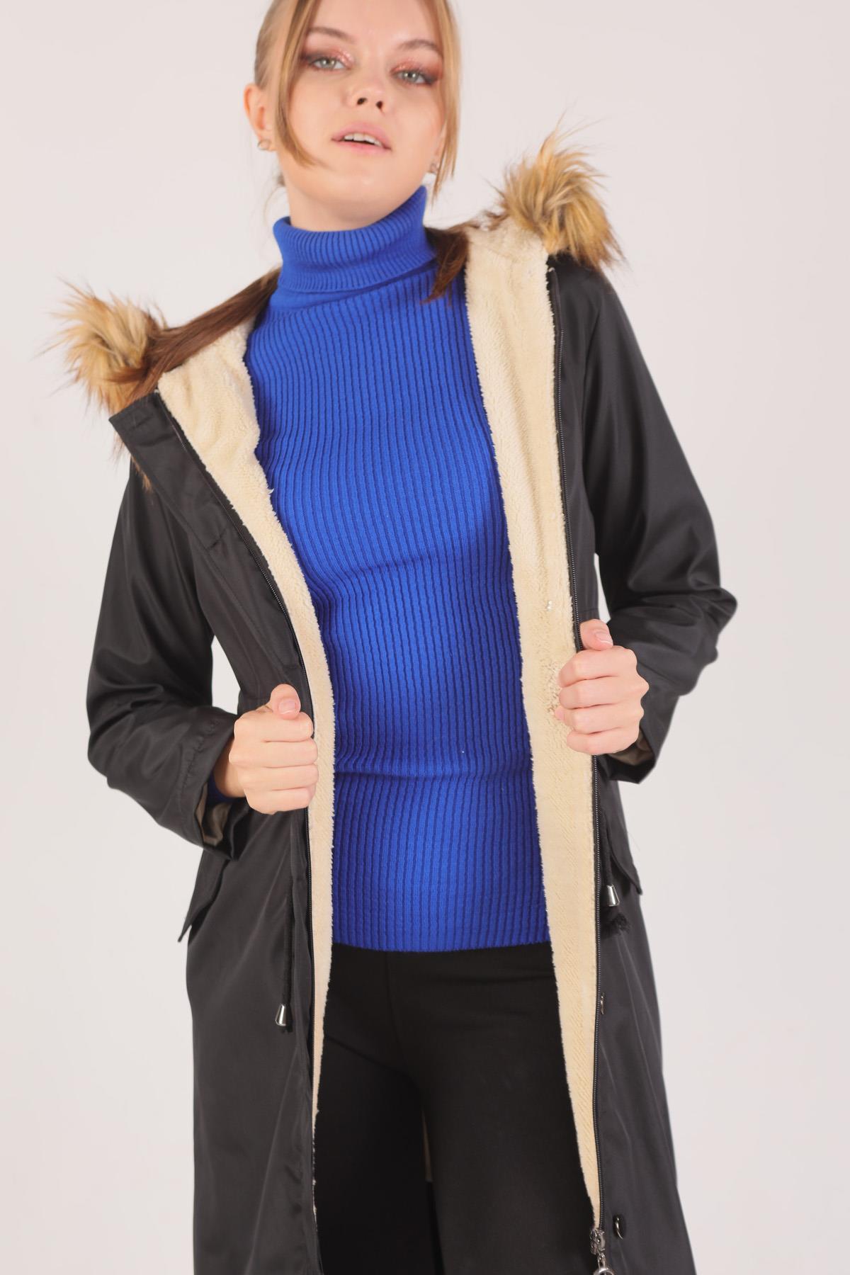 30075 İçi Kürklü Mont Siyah - 6