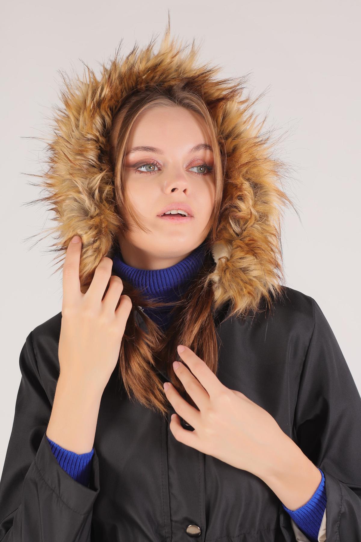 Siyah İçi Kürklü Mont 30075 - 4