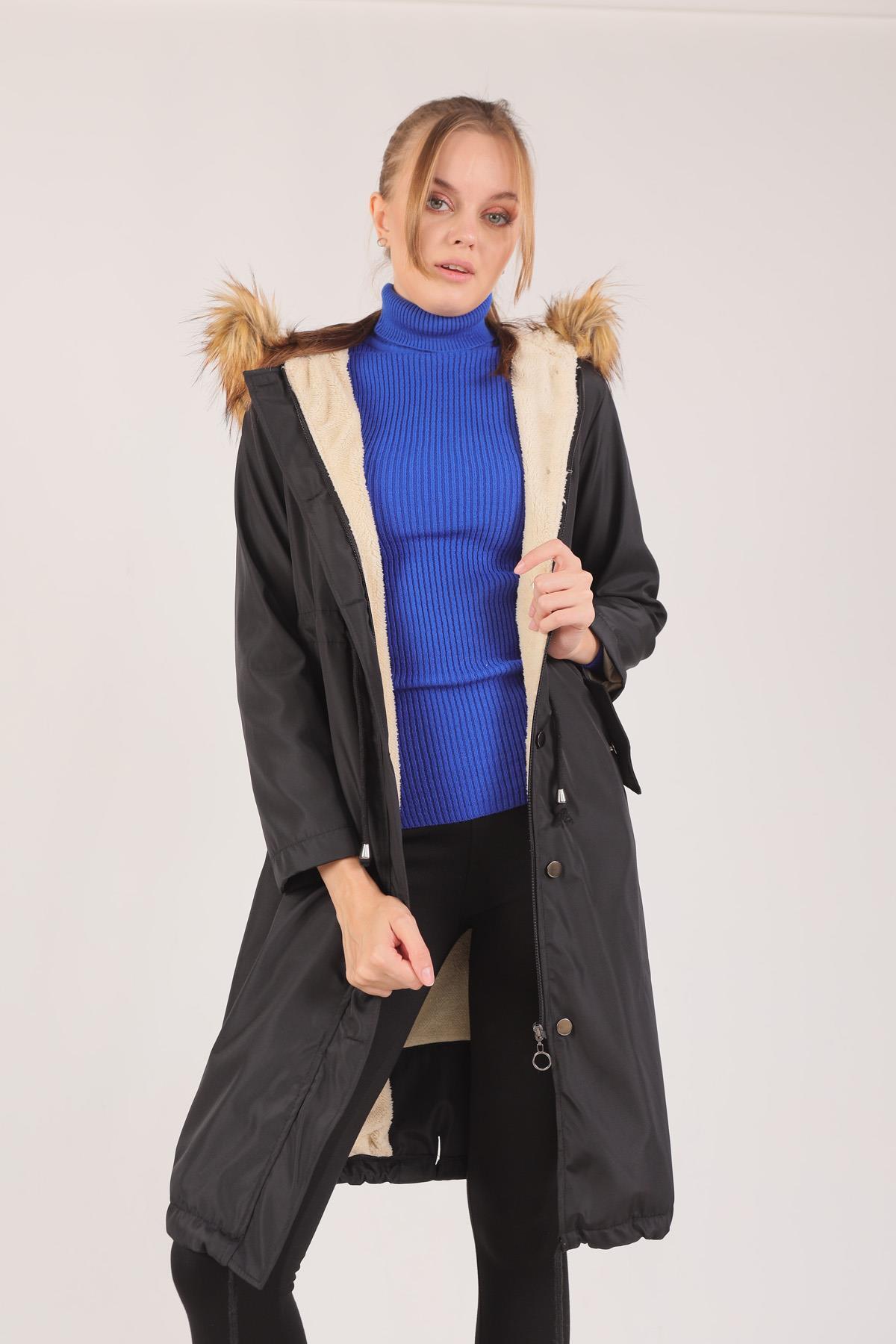 Siyah İçi Kürklü Mont 30075 - 7