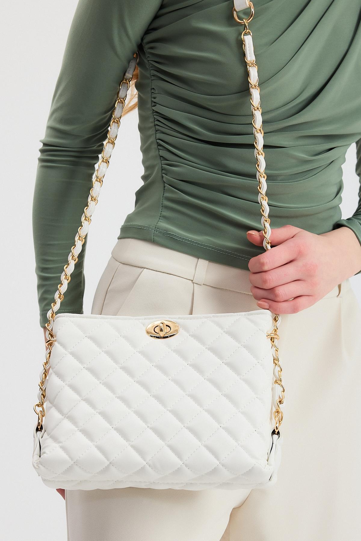 3008 Kapitone Omuz Çantası Beyaz - 6