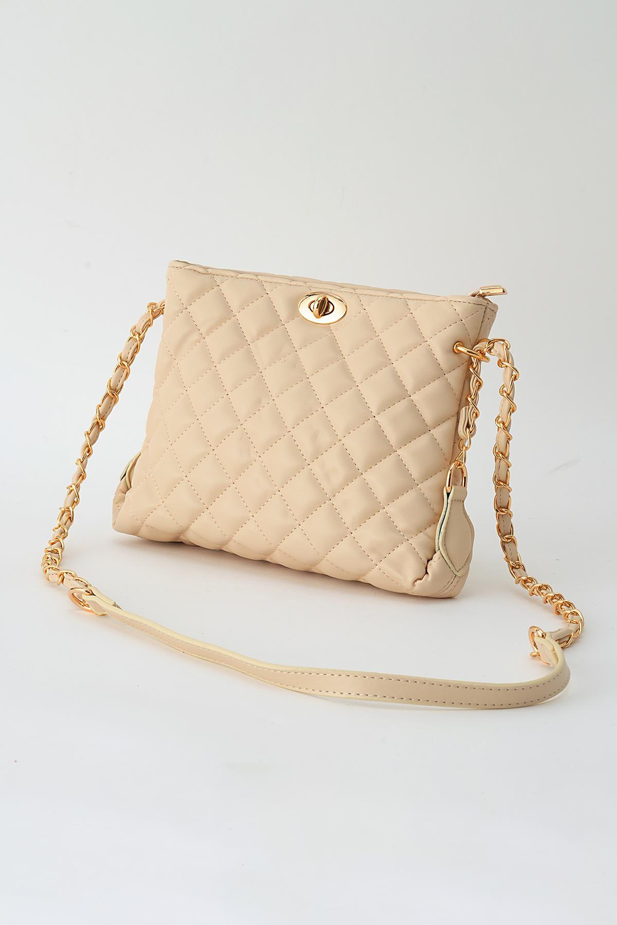 Krem Kapitone Omuz Çantası 3008 