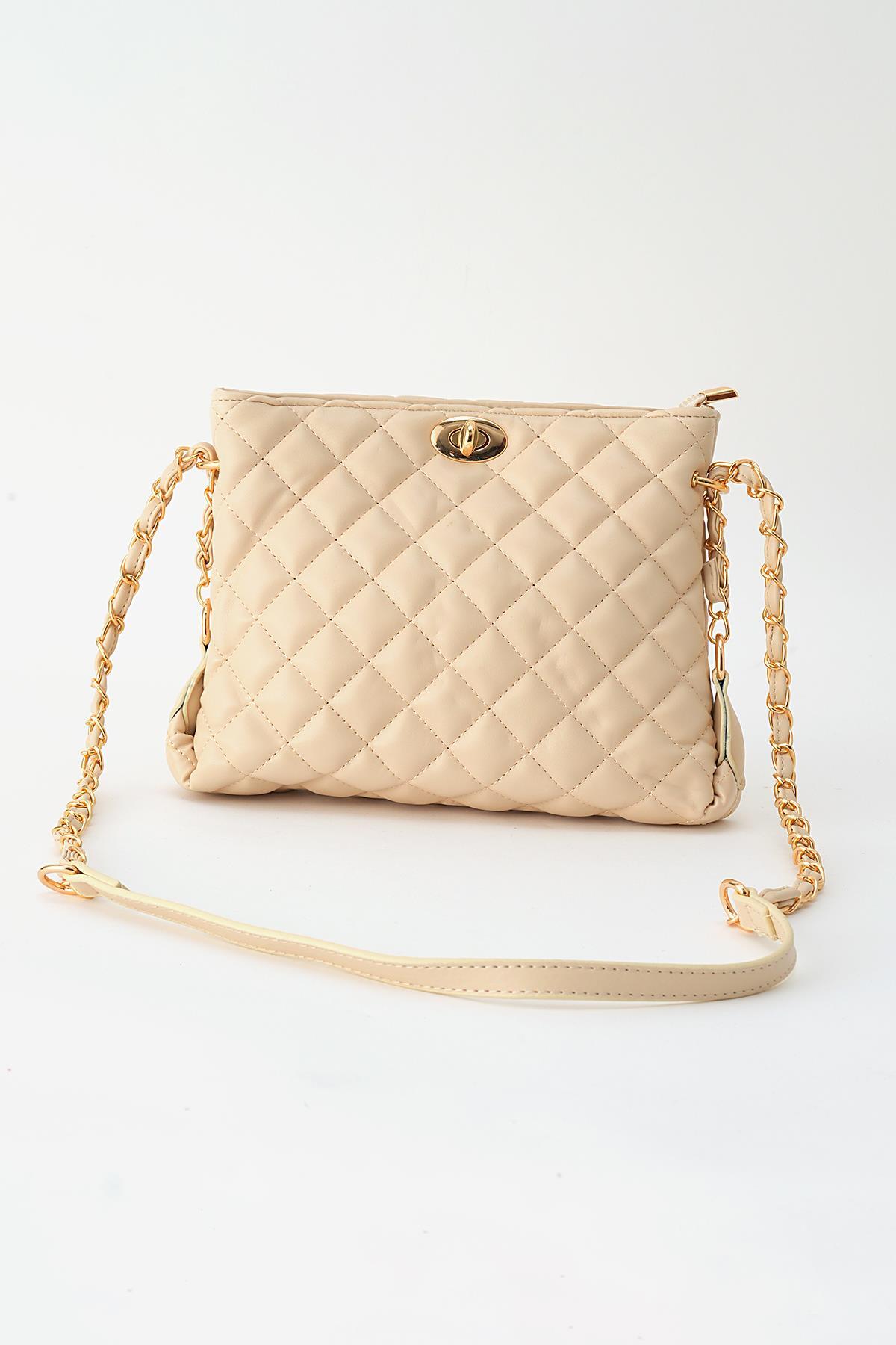 Krem Kapitone Omuz Çantası 3008 - 2