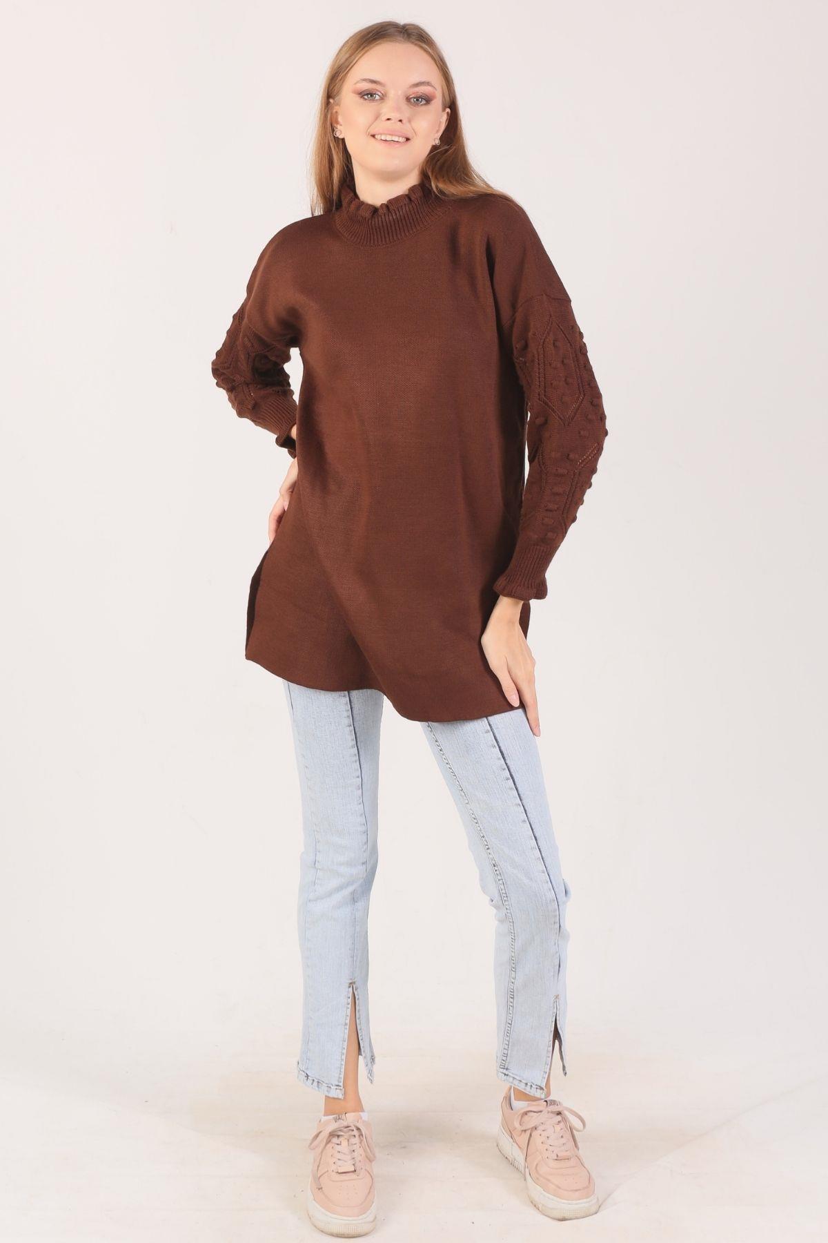 3008 Yaka Fırfır Kol İşlemeli Kazak Acı Kahve - 5