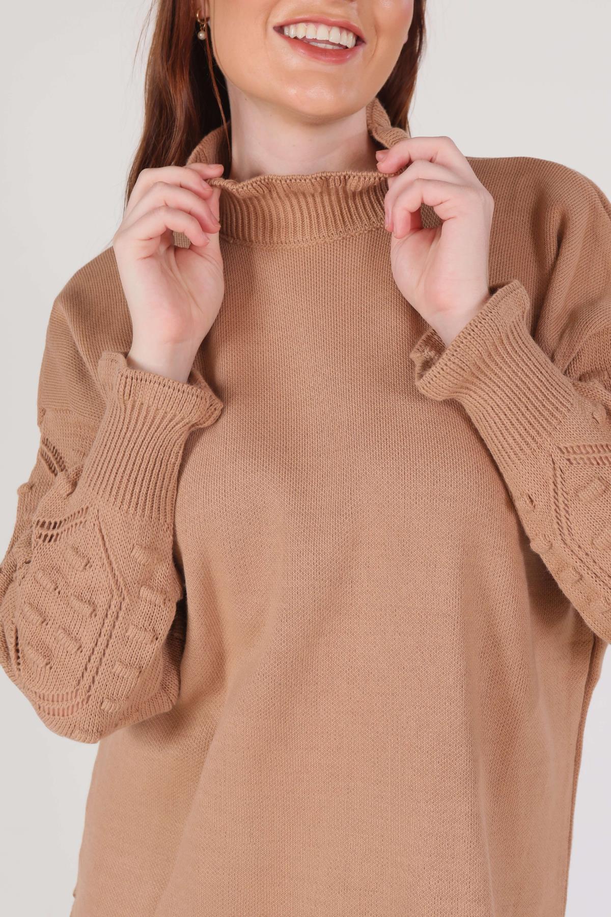 Camel Yaka Fırfır Kol İşlemeli Kazak 3008 - 2