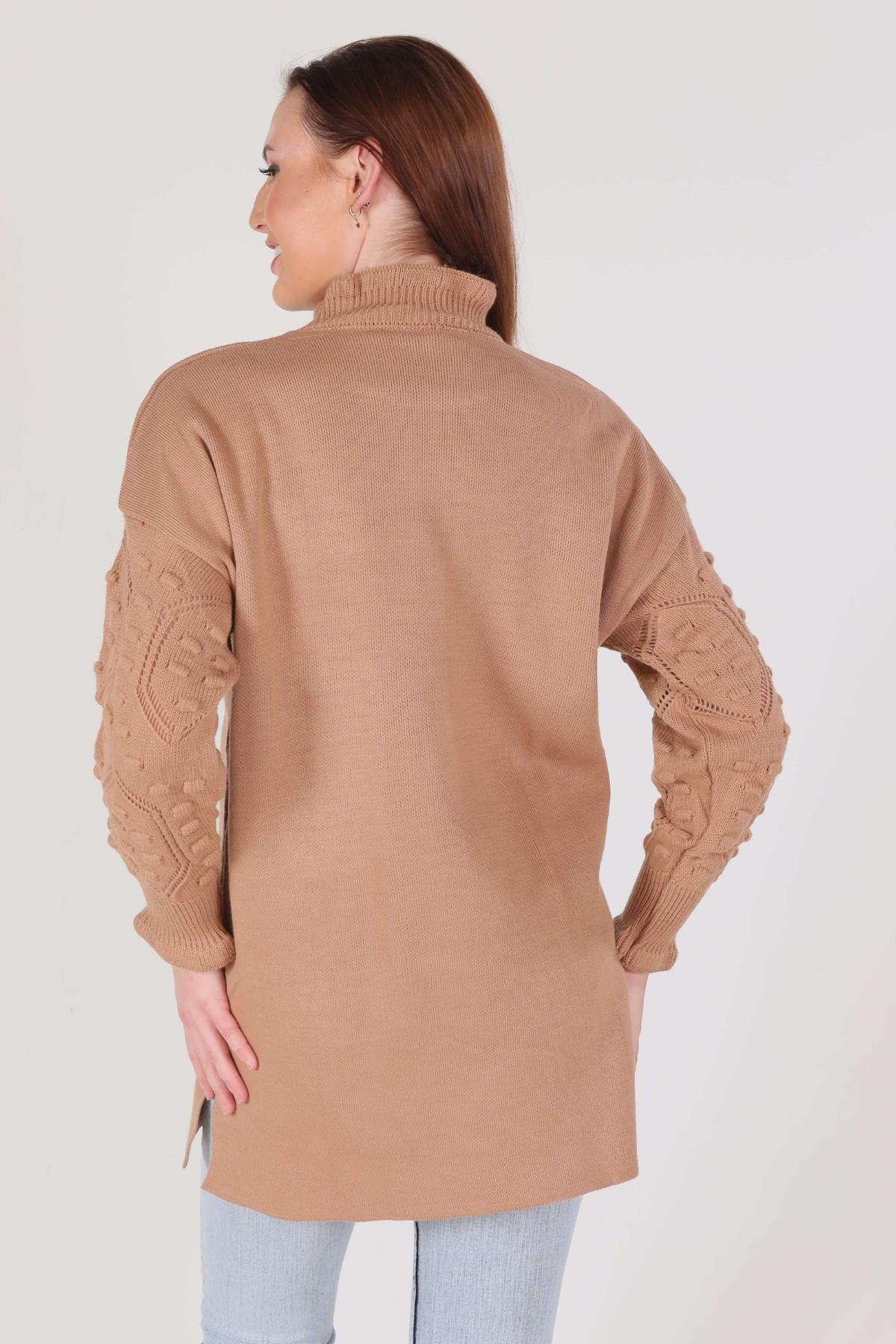 Camel Yaka Fırfır Kol İşlemeli Kazak 3008 - 3