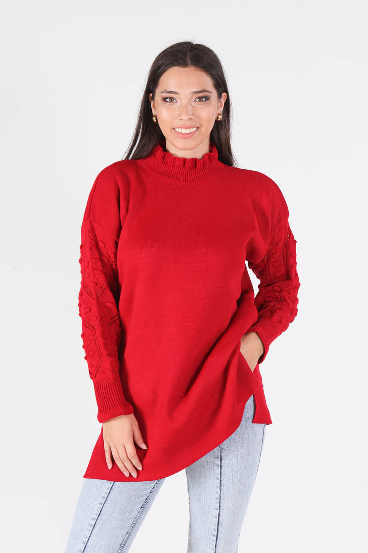 Kırmızı Yaka Fırfır Kol İşlemeli Kazak 3008 - 1