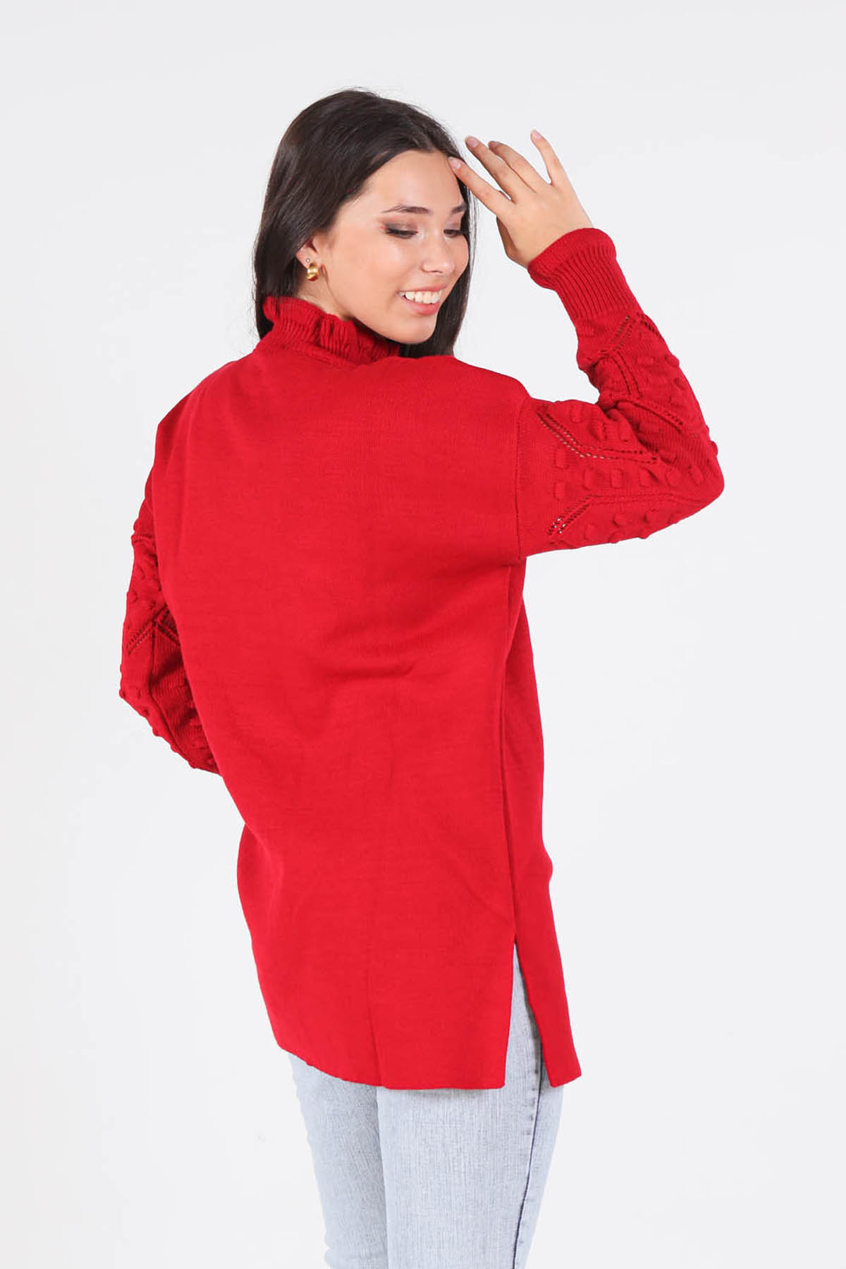 Kırmızı Yaka Fırfır Kol İşlemeli Kazak 3008 - 2