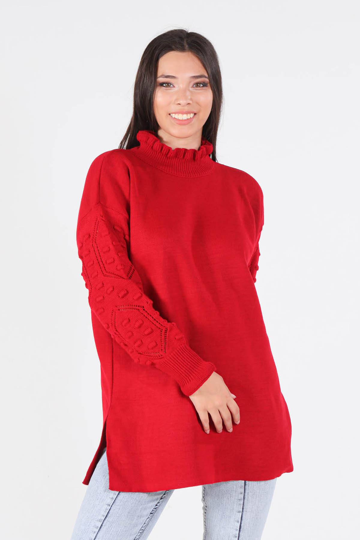 Kırmızı Yaka Fırfır Kol İşlemeli Kazak 3008 - 3