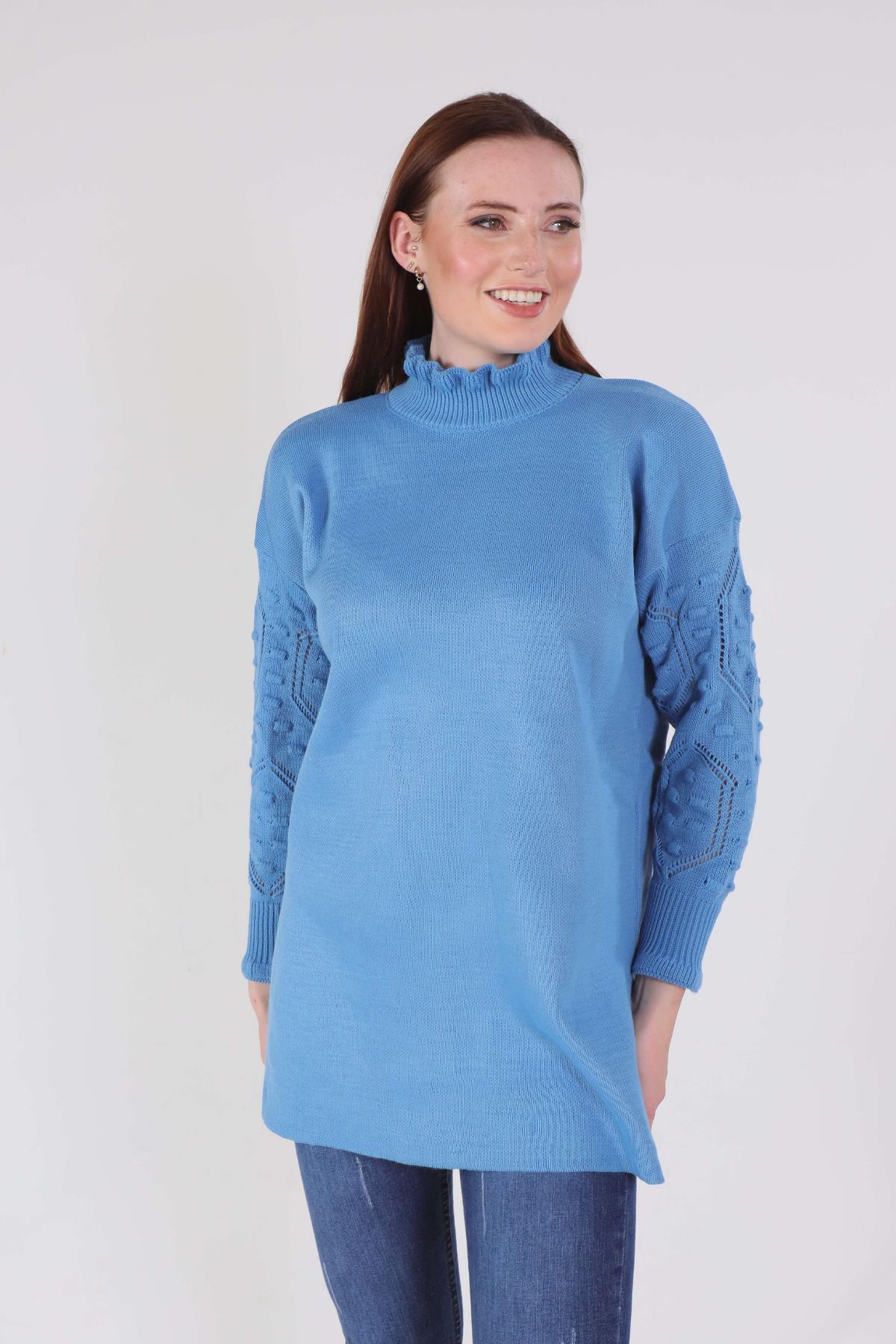 3008 Yaka Fırfır Kol İşlemeli Kazak Mavi - 3