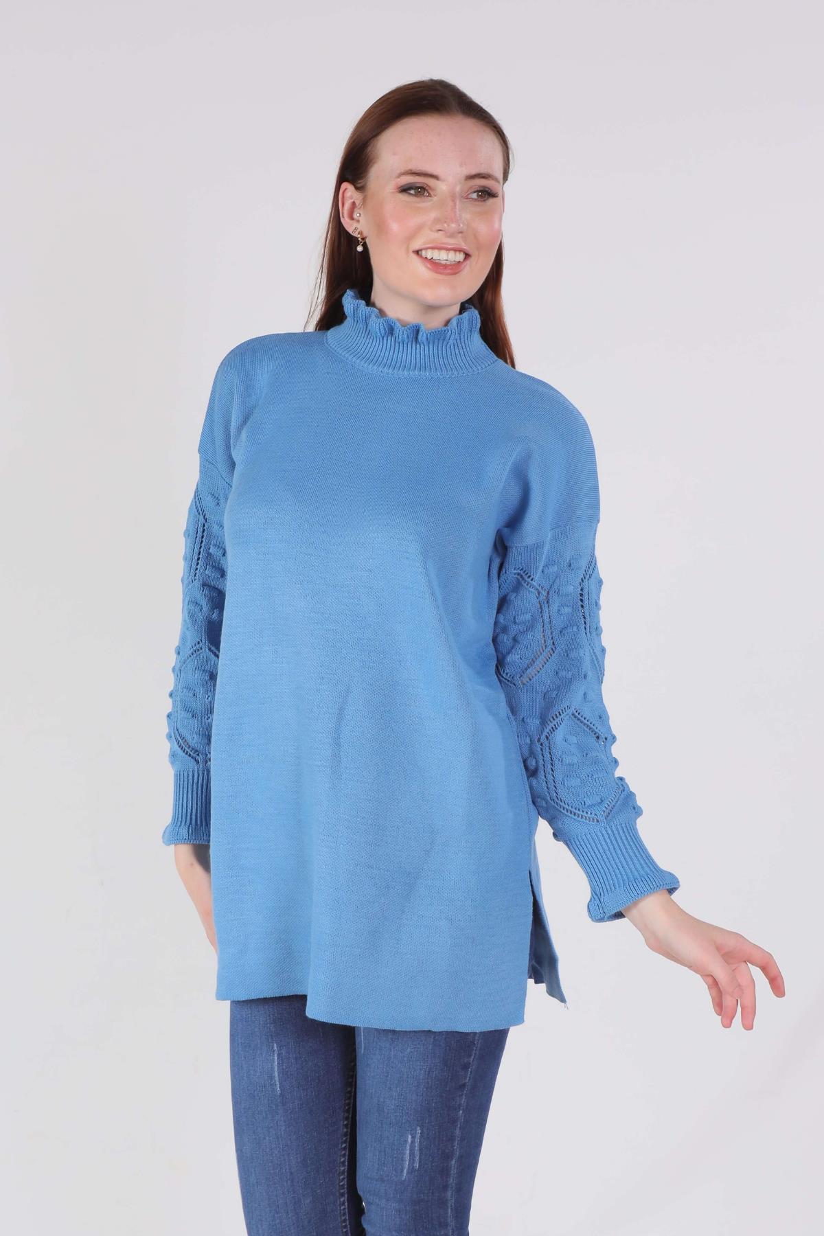 3008 Yaka Fırfır Kol İşlemeli Kazak Mavi - 2
