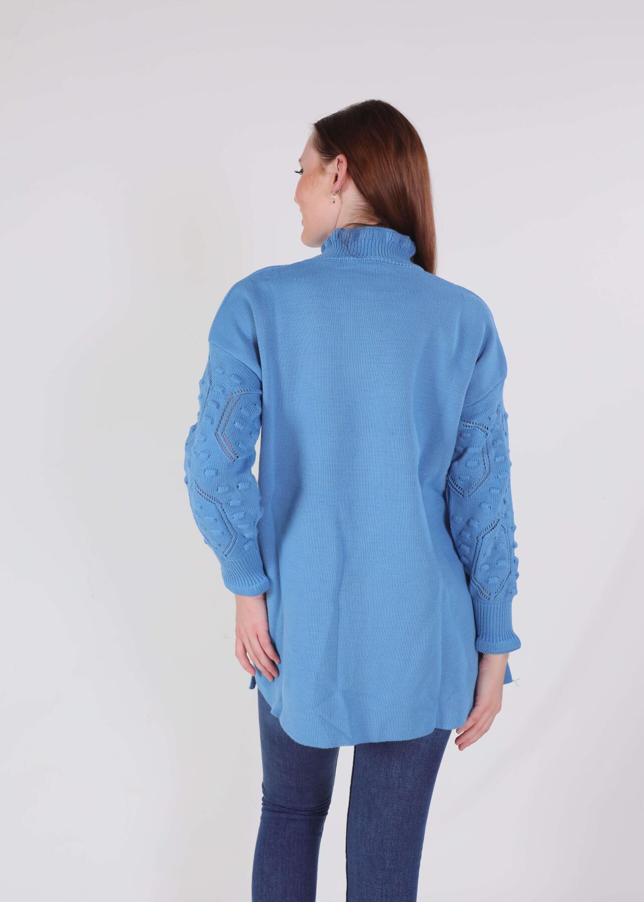 Mavi Yaka Fırfır Kol İşlemeli Kazak 3008 - 1