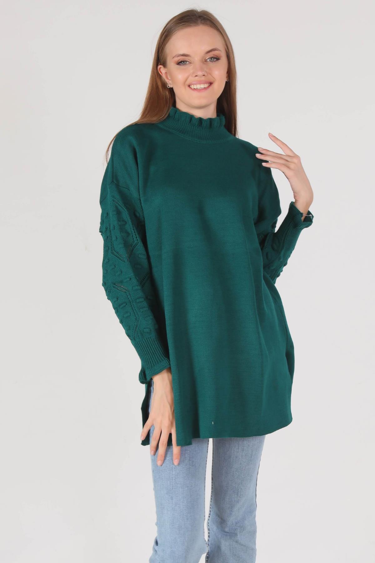 3008 Yaka Fırfır Kol İşlemeli Kazak Nefti 