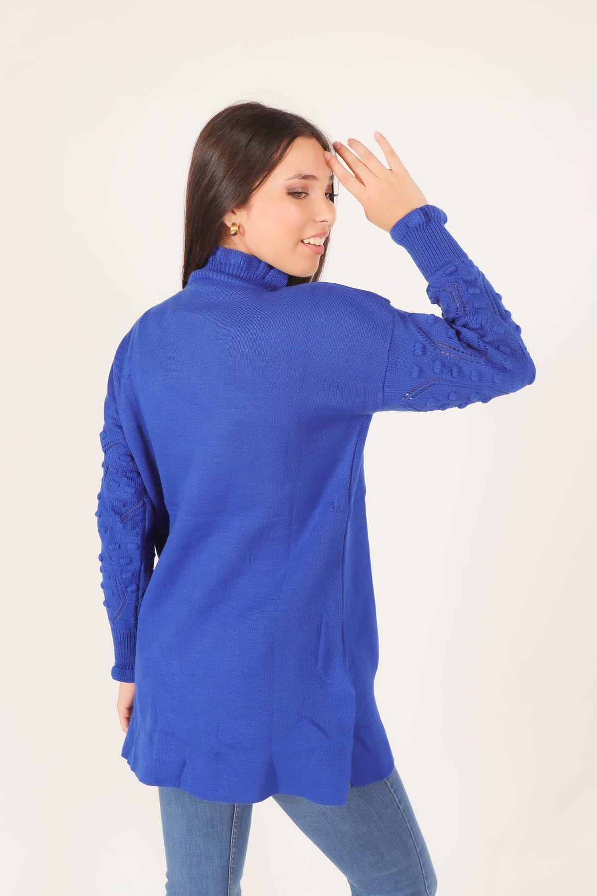 3008 Yaka Fırfır Kol İşlemeli Kazak Saks - 2