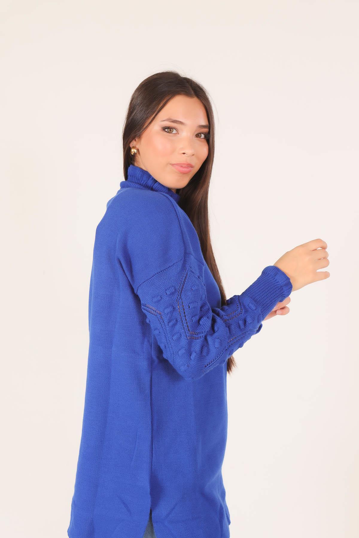 3008 Yaka Fırfır Kol İşlemeli Kazak Saks - 3