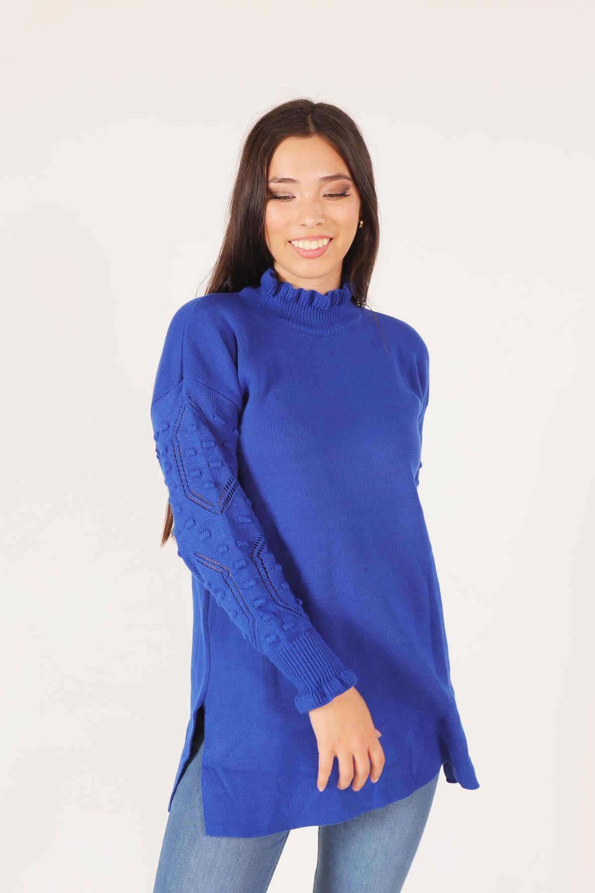 Saks Yaka Fırfır Kol İşlemeli Kazak 3008 - 1