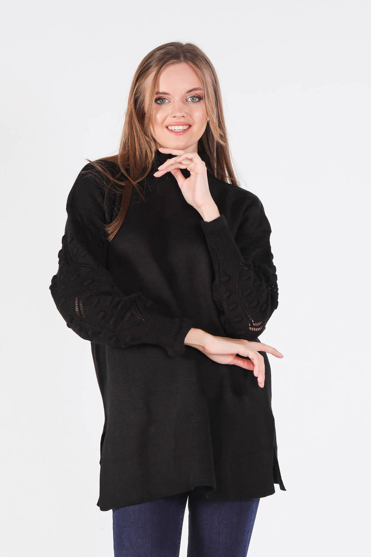 3008 Yaka Fırfır Kol İşlemeli Kazak Siyah - 2