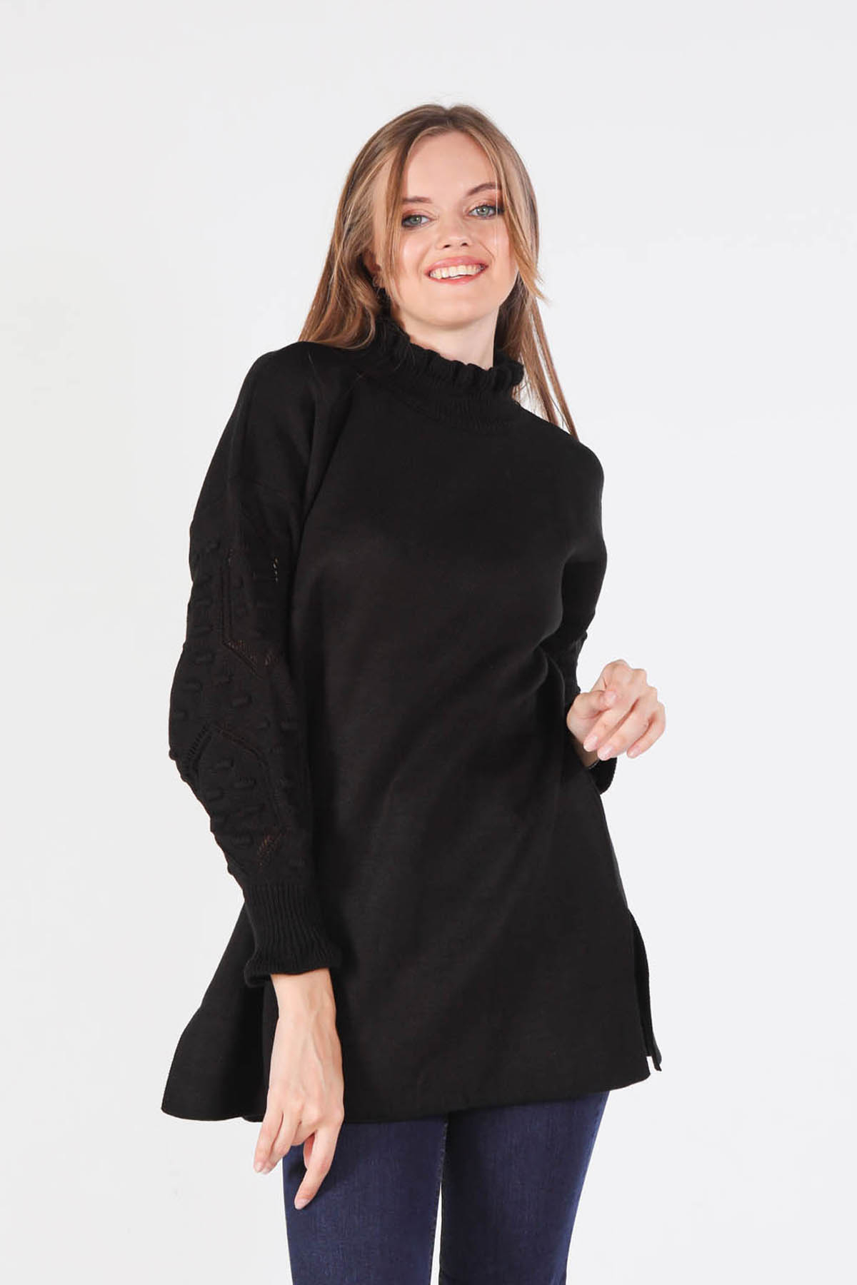 3008 Yaka Fırfır Kol İşlemeli Kazak Siyah - 4