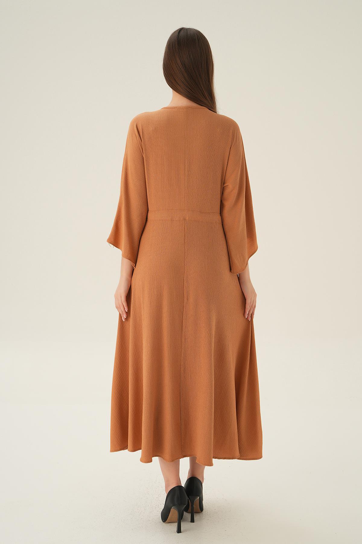 3009 Yarasa Kol Elbise Bej - 4