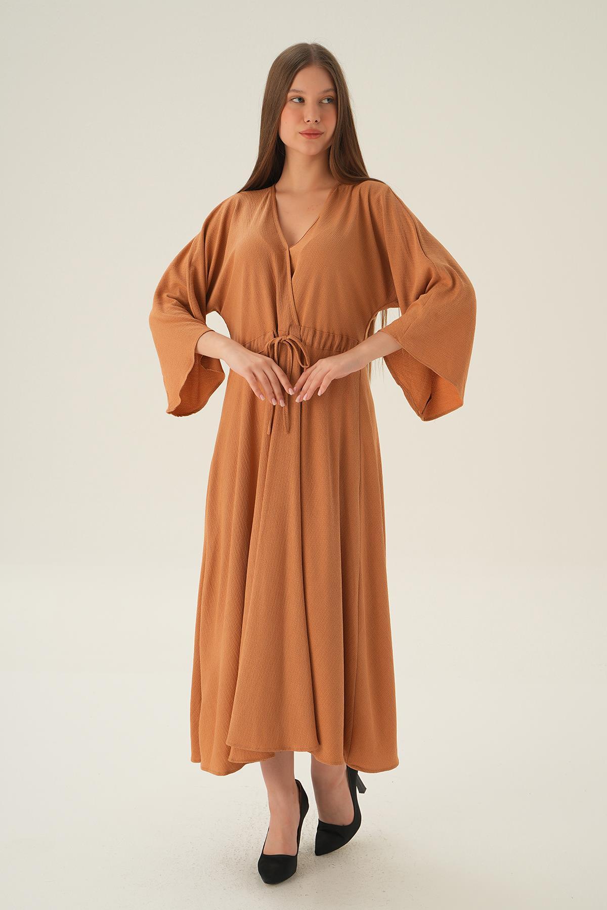 3009 Yarasa Kol Elbise Bej - 1