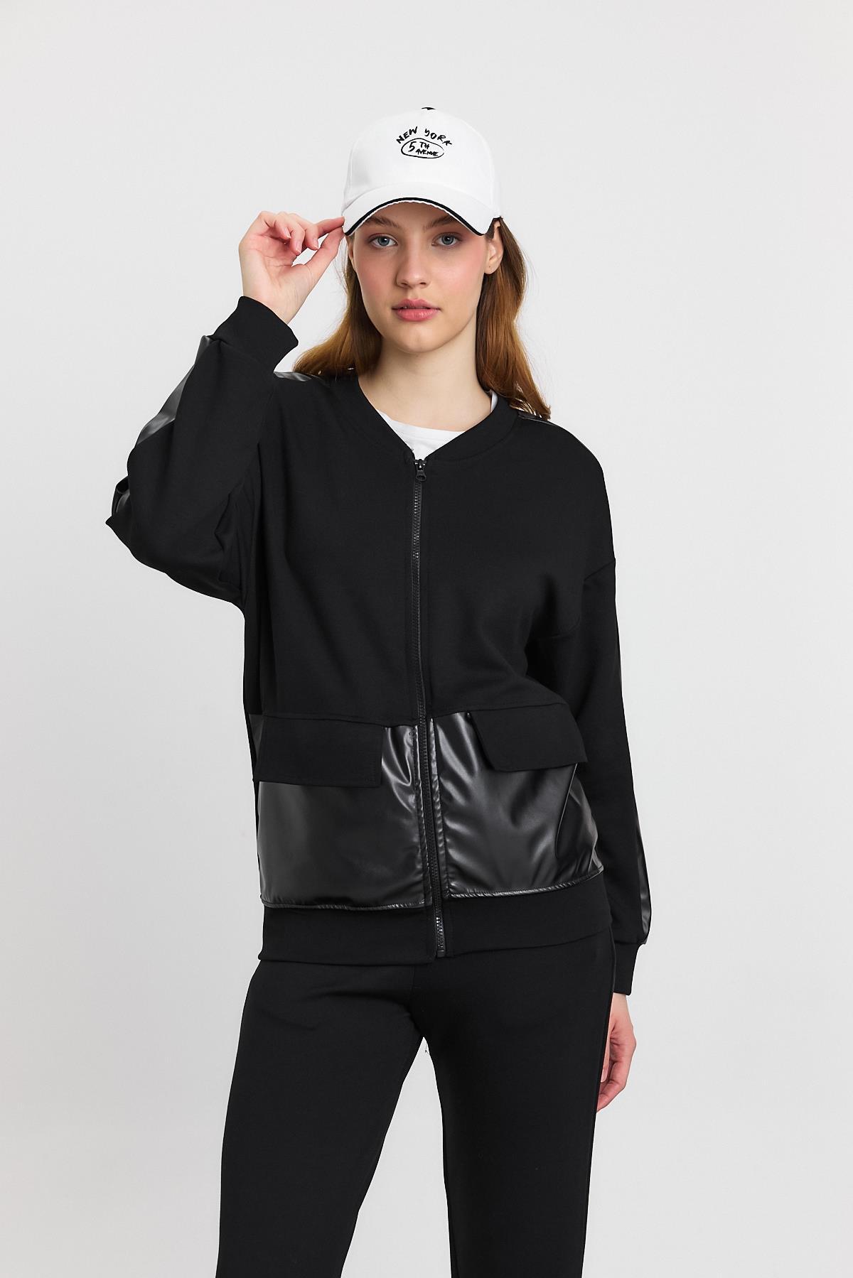 3010 Deri Garniili Fermuarlı Sweat Siyah - 1