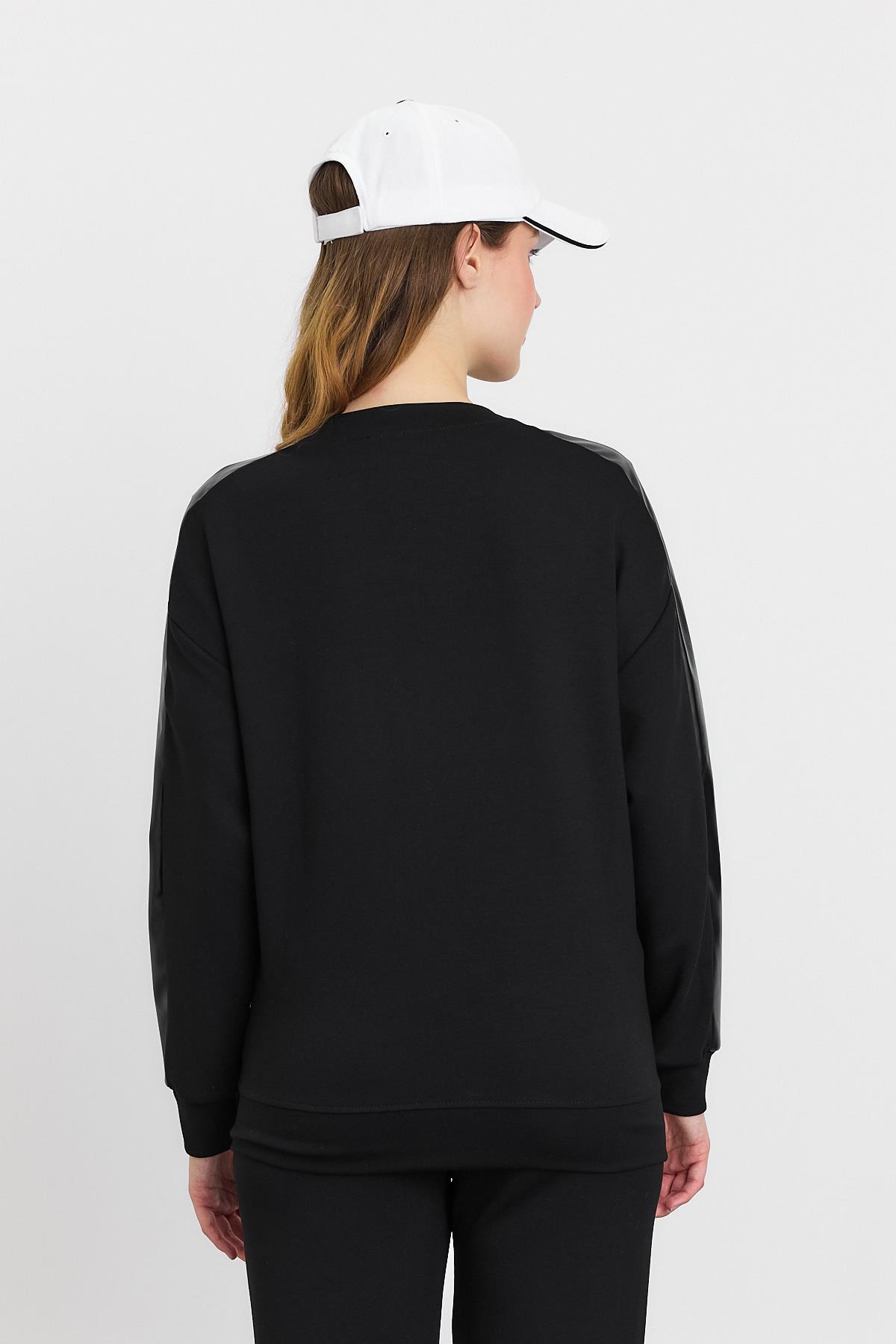 3010 Deri Garniili Fermuarlı Sweat Siyah - 5