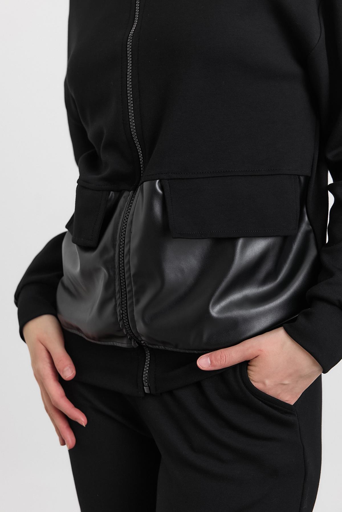 3010 Deri Garniili Fermuarlı Sweat Siyah - RAYS