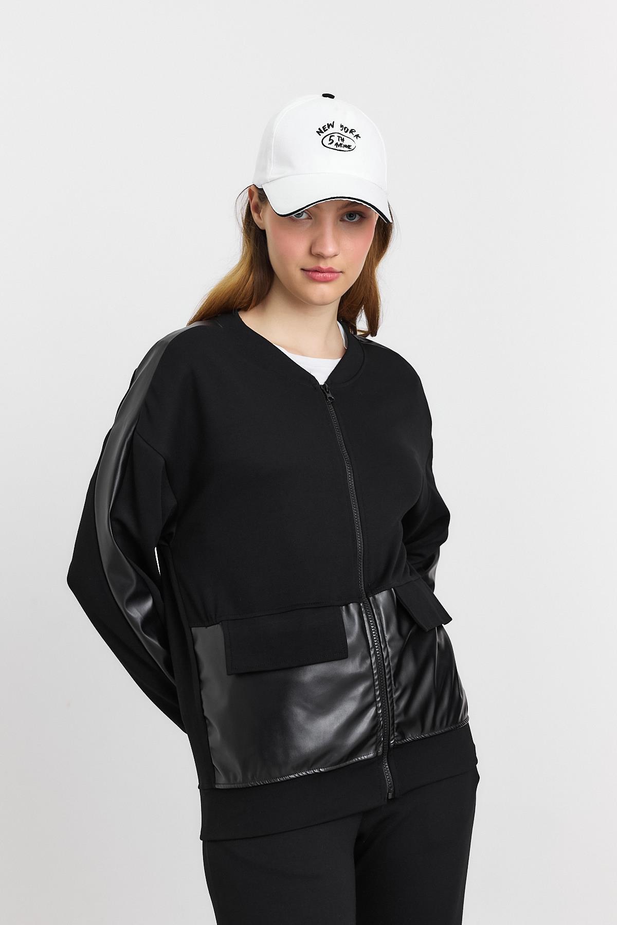 3010 Deri Garniili Fermuarlı Sweat Siyah - 6