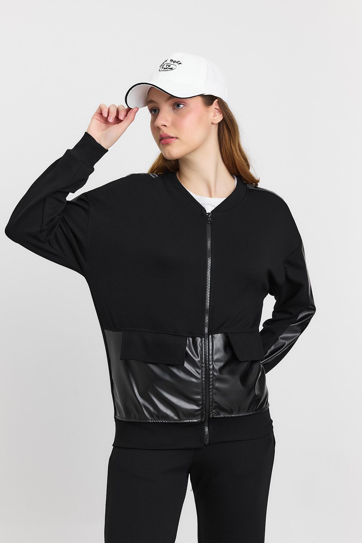 3010 Deri Garniili Fermuarlı Sweat Siyah - 7