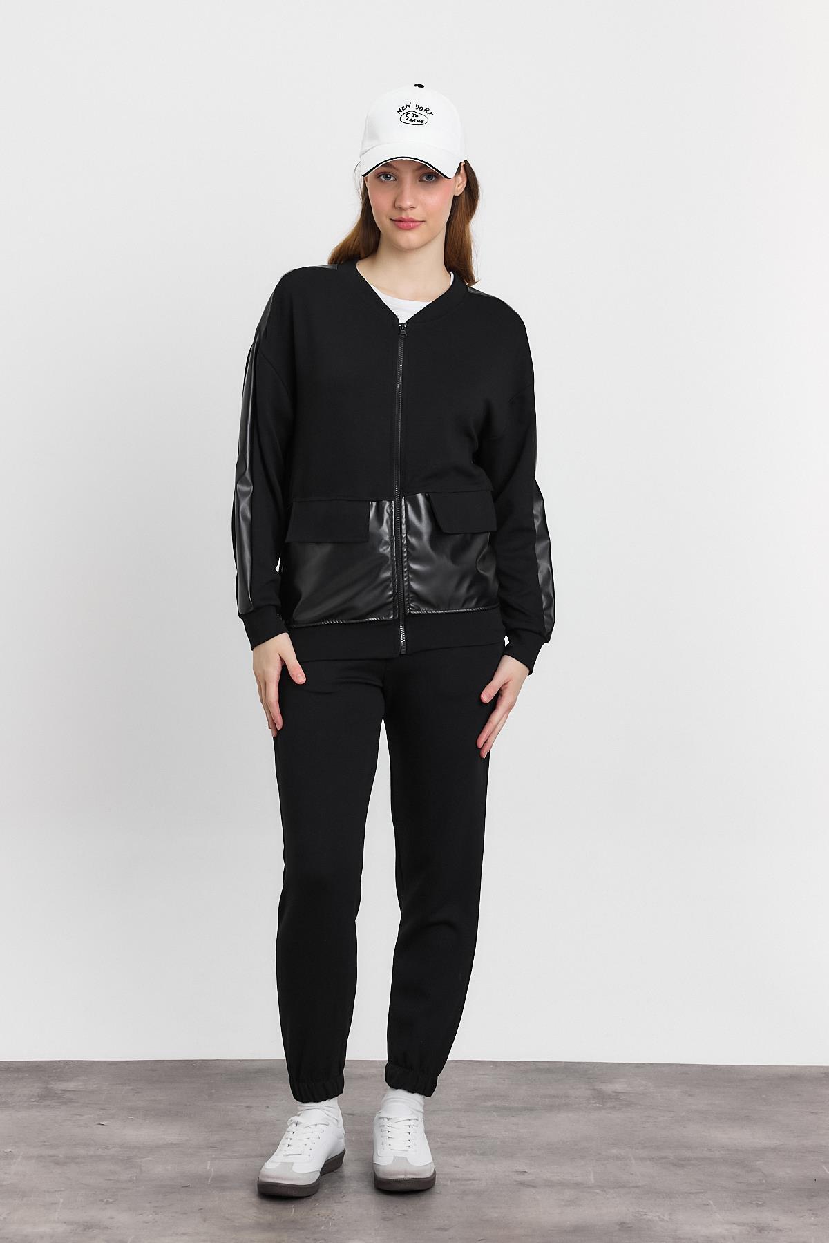 3010 Deri Garniili Fermuarlı Sweat Siyah - 2