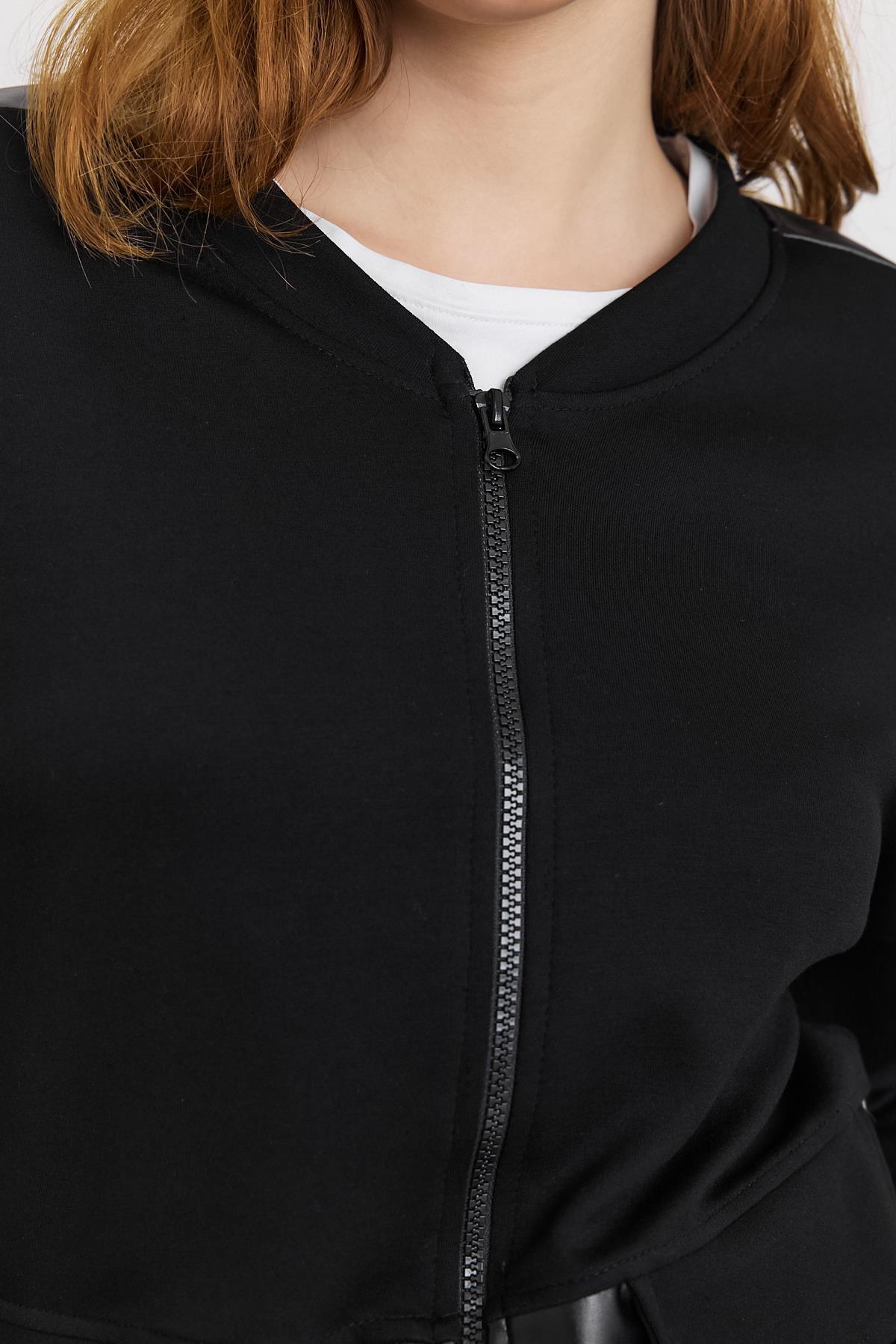 3010 Deri Garniili Fermuarlı Sweat Siyah - 4