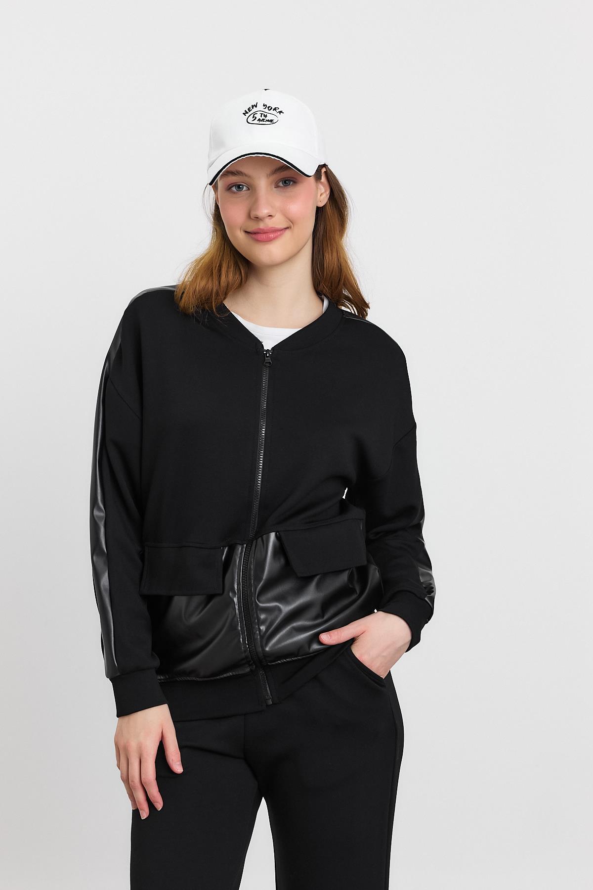 3010 Deri Garniili Fermuarlı Sweat Siyah - 8