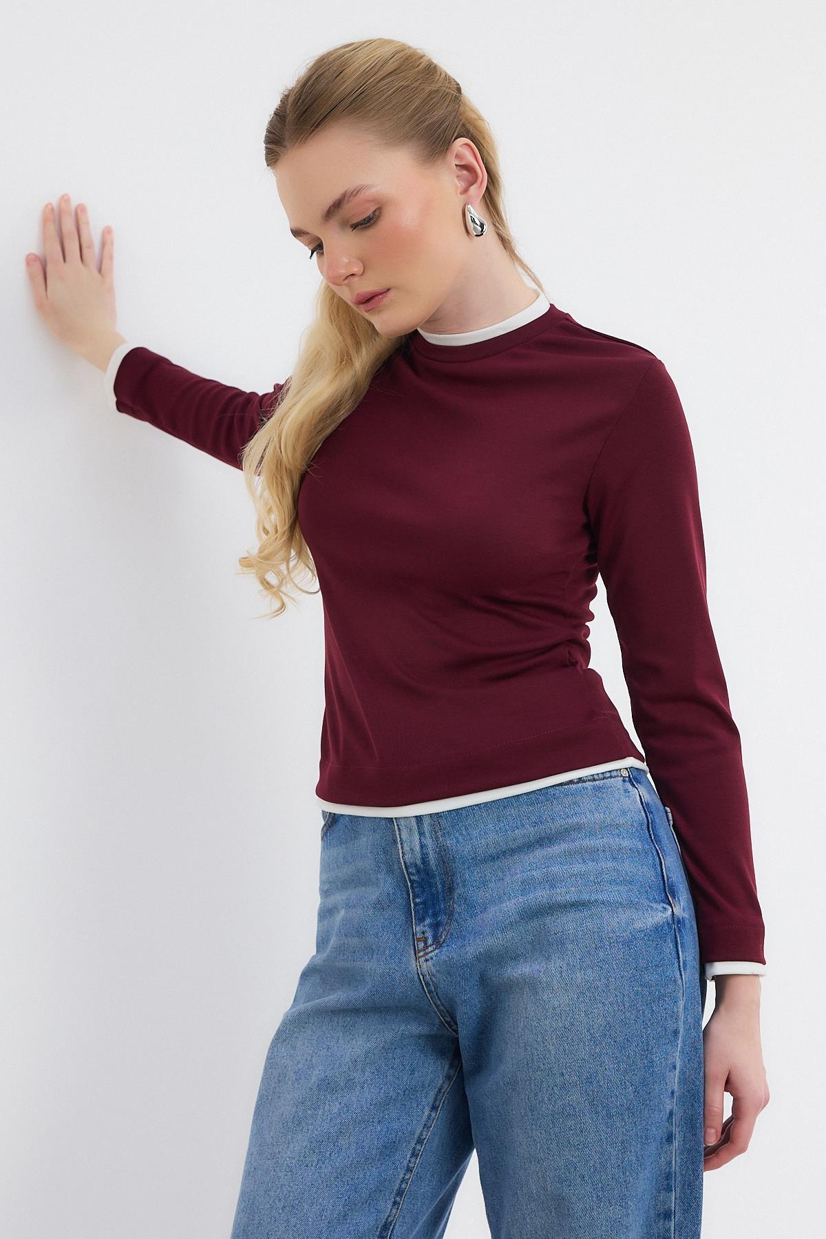 3011 Ribana Detay Uzun Kollu Bluz Bordo - RAYS