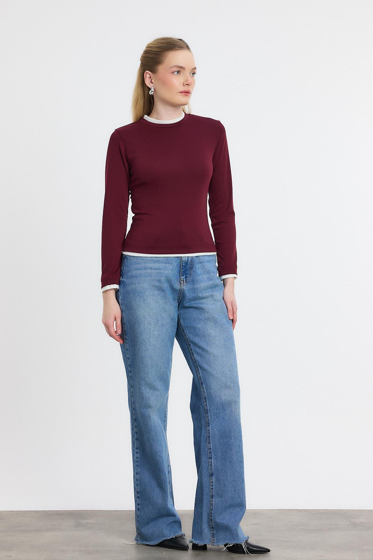 Bordo Ribana Detay Uzun Kollu Bluz 3011 - 6